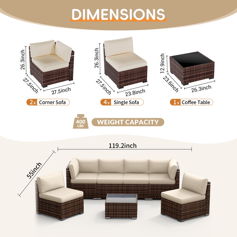 6 person Rattan Sectional Seating Group with Cushions, Beige, No, Brown
