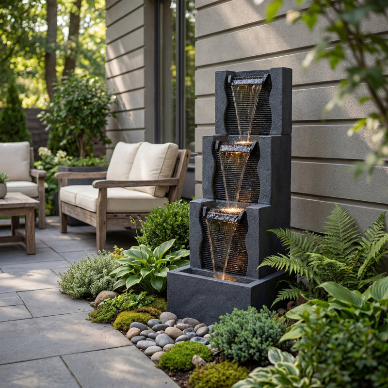 40'' Modern Black Outdoor Fountain With LED Lights & ETL-Certified 15W Pump – Multi-Tier Contemporary Waterfall Feature