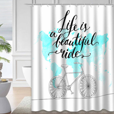 Watercolor Blue World Map Inspirational Shower Curtain with 12 Hooks