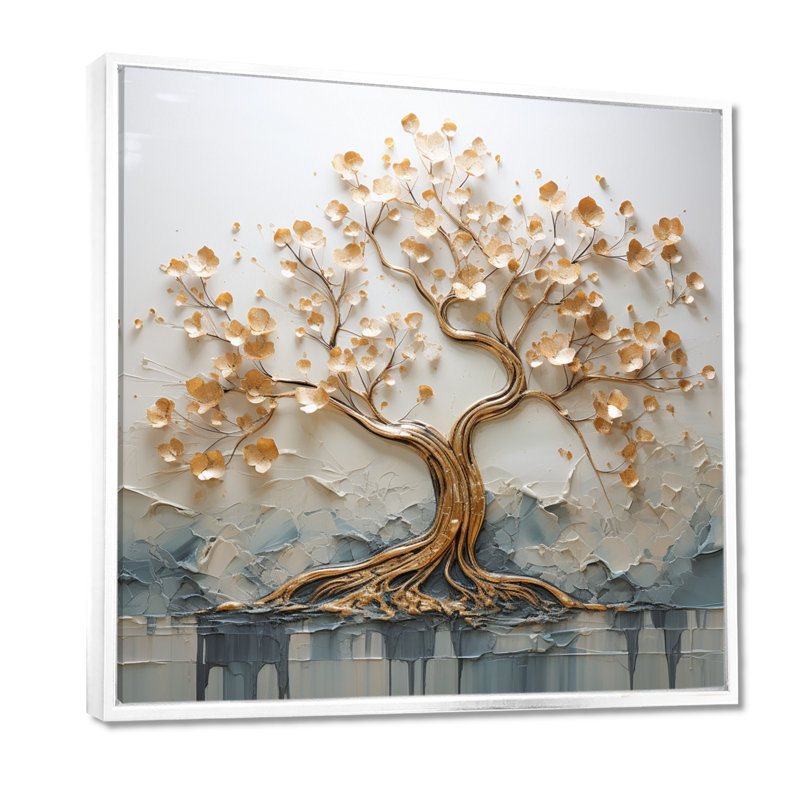 Arbre doré dans un lac au début du printemps I - décoration murale arbre, Cadre flottant blanc, bois massif