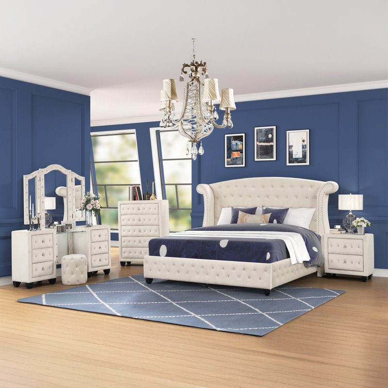 Rausch Upholstered Standard 5 Piece Bedroom Set, Gray, 5 Pcs: Bed, Nightstand, 2 Dressers, Mirror, Full/Double