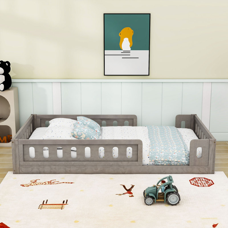 Twin Size Wood Platform Bed With Semi-Enclosed Guardrail And Sturdy Construction, Natural