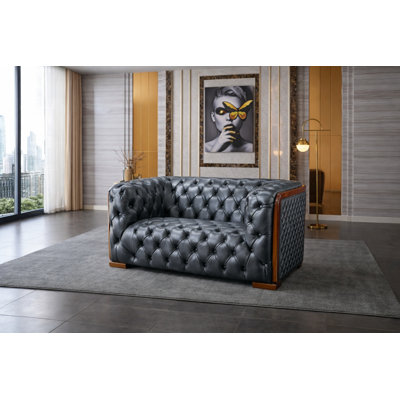 Modern Tufted Leather Loveseat  in Dark Gray with Wood Accents