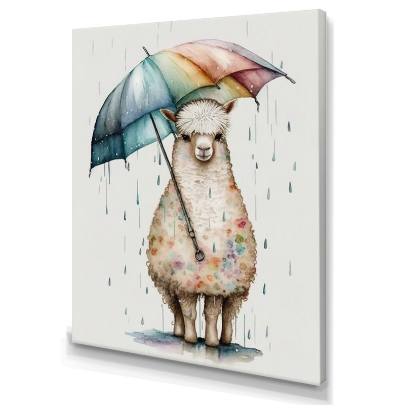 Mignon Liama avec parapluie, jour de pluie - lama animaux, impression sur toile, H 20 po x l 12 po x P 1 po, Toile tendue