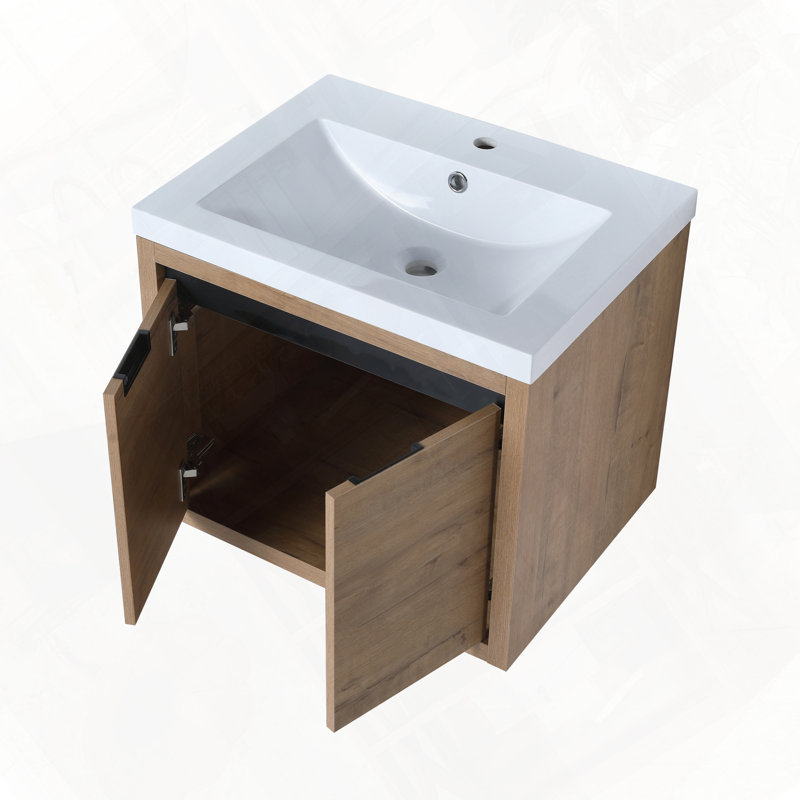 Armoire de salle de bain flottante avec évier à fermeture en douceur, Imitation chêne