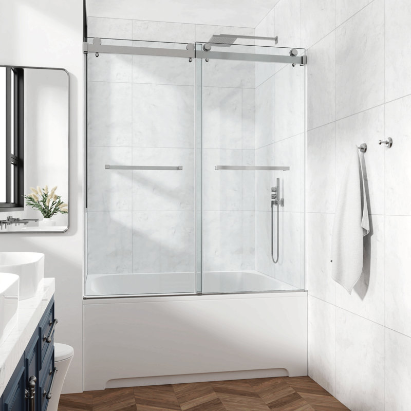 Porte de douche coulissante double sans cadre, porte de douche double, 3/8 po (10 mm) en verre trempé Sgcc, acier inoxydable