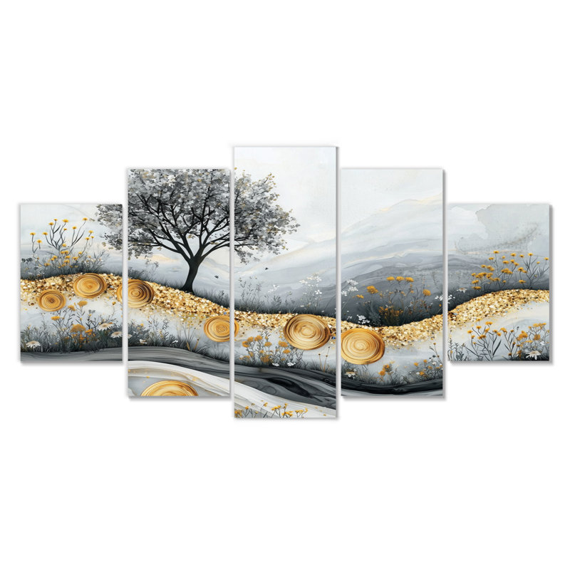 5 fleurs dorées, paysage de rivière en cristal II - décoration murale fleurs sauvages - Art mural traditionnel