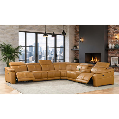 Canapé modulaire modulaire avec revêtement en cuir assorti, sièges inclinables, appuis-tête réglables et porte-gobelets de rangement - 6 couleurs gingembre, simili cuir véritable, profondeur 125,41 po, largeur 115,3 po, 32,37 po