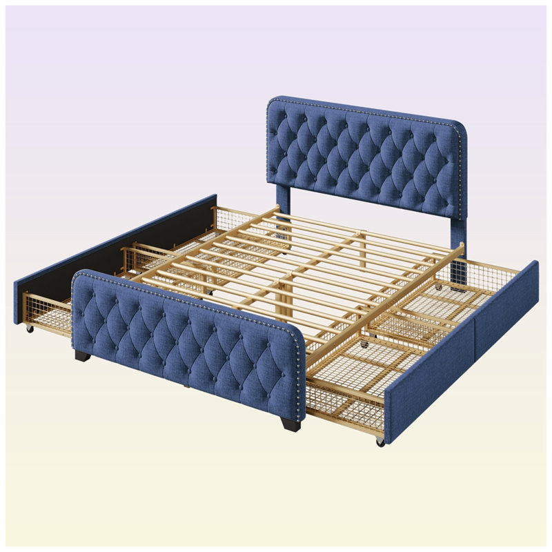 Lit plateforme tapissier avec rangement Florindo, Complète, Bleu