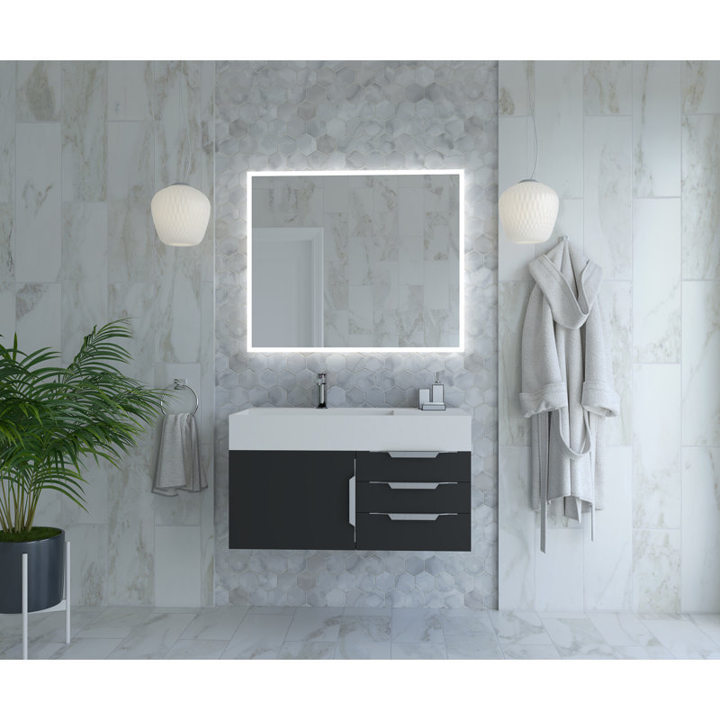 Ensemble de meuble-lavabo mural simple 36 po Bassi, Blanc, Noir, Nickel brossé