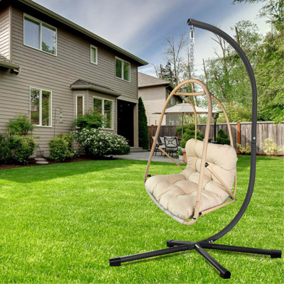 Fauteuil à œufs pivotant avec support intérieur et extérieur en rotin et panier en osier avec support de type C, avec coussin et coussin, fauteuil suspendu pliant en osier de patio (porte-gobelet spécial