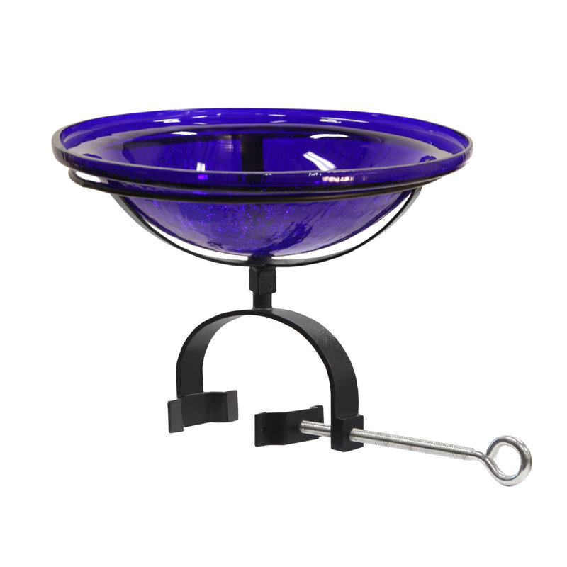 Bain d'oiseaux en verre craquelé avec support sur rail, Bleu de cobalt, H 9 po x l 14,5 po x P 12,5 po