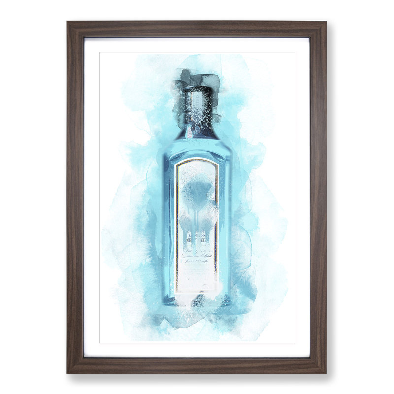 Gin Bottle Blue - Picture Frame Graphic Art, 48cm H x 36cm W x 2cm D, Walnut