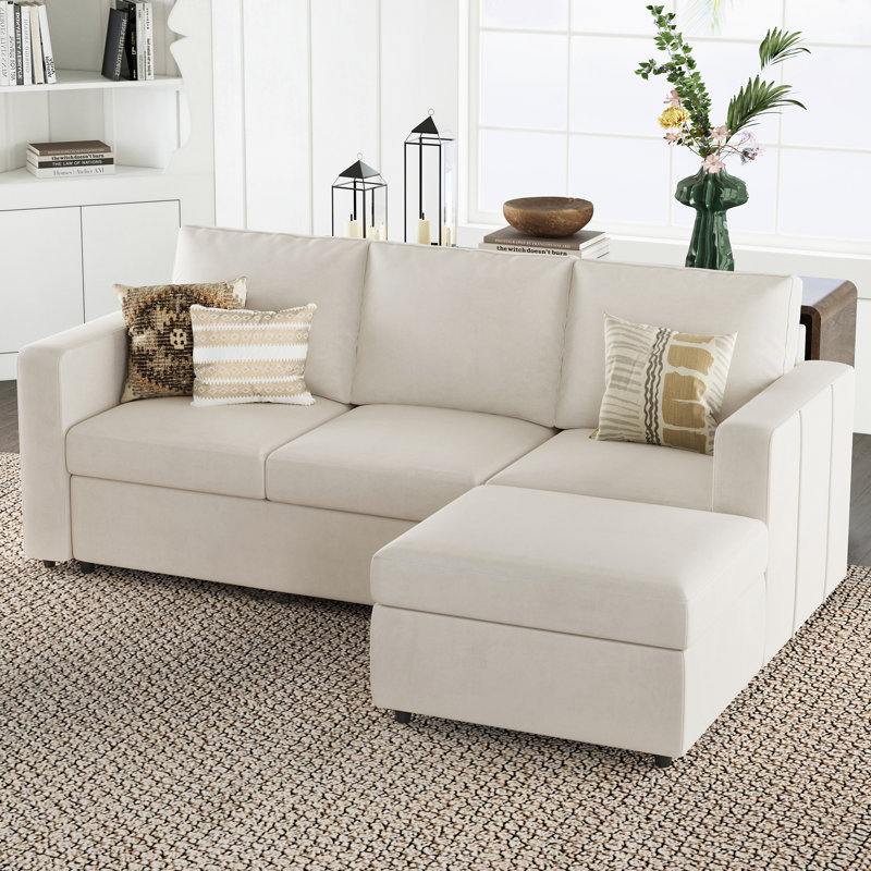 Rafael 3-Seater Upholstered Sofa with Storage Ottoman, Beige Velvet