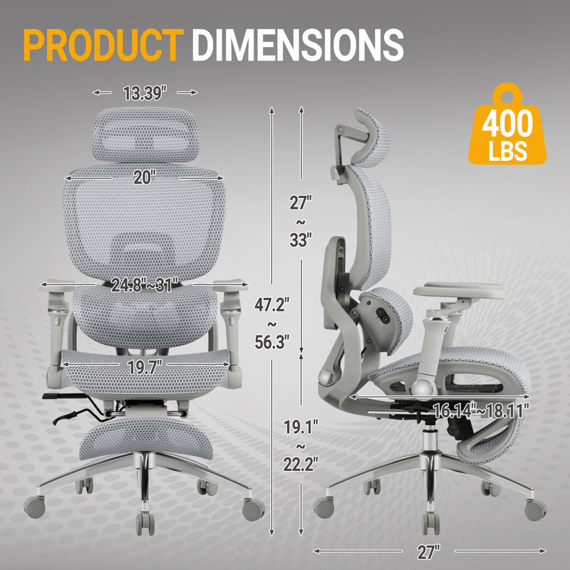 Fauteuil de bureau ergonomique en filet avec soutien lombaire à massage chauffant - Profondeur de siège réglable, accoudoirs et appui-tête - pour le bureau personnel et les jeux