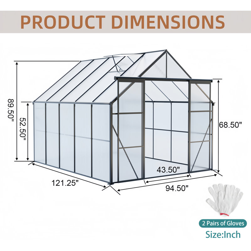 8X10Ft Double Door Polycarbonate Greenhouse Raised Base And Anchor Aluminum Heavy Duty Walk-In Greenhouses For Outdoor Backyard In All Season
