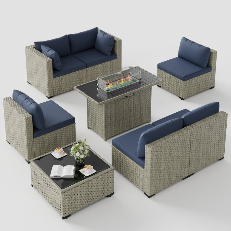 Outdoor Wicker 8-Piece Sectional Sofa Set With Comfortable Cushions, Navy