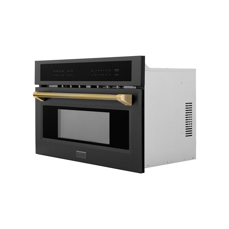 ZLINE Autograph 30 in. Microwave Oven in Black Stainless Steel and Polished Gold Helix Handle