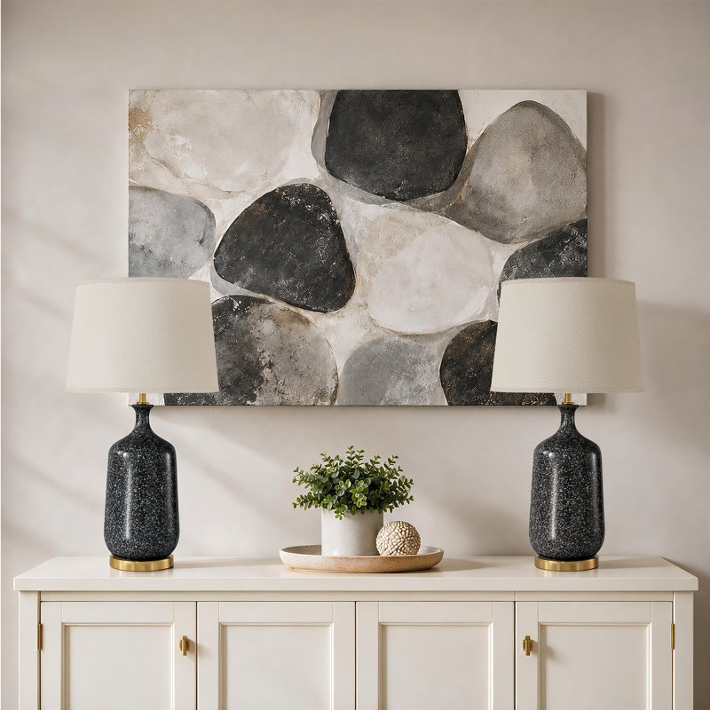 Lampe de table en céramique de 75 cm (29,5 po) à intensité variable, avec abat-jour en lin et base en métal doré brossé, idéale pour la chambre, le salon ou le bureau.