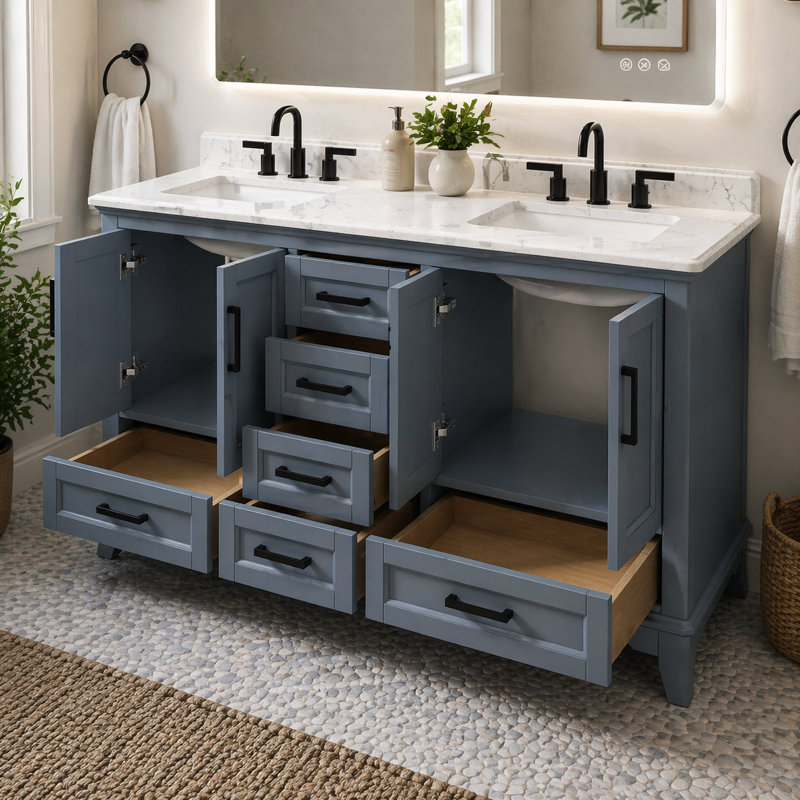 Meuble-lavabo sur pied simple 30 po avec comptoir en quartz Rawsonville, Bleu acier, 30"