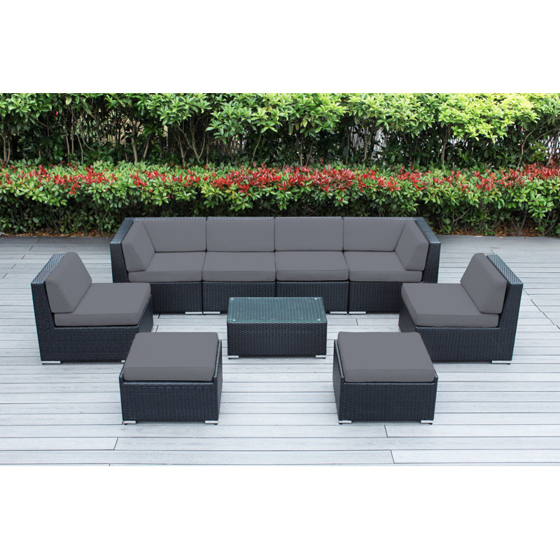 Ensemble de conversation en osier pour 8 personnes avec coussins - aucun assemblage, Noir