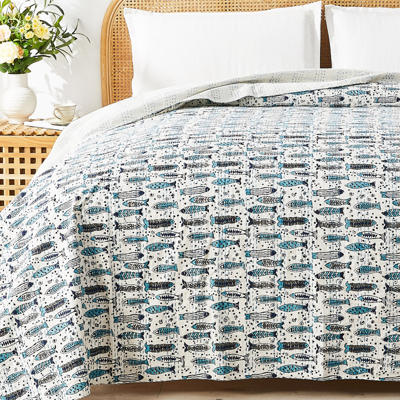 Handstitched Fish Print Kantha Coverlet, King
