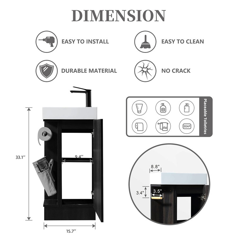 Meuble-lavabo, meuble-lavabo, meuble-lavabo avec lavabo, meuble-lavabo, meuble-lavabo 16 po, Noir / noyer foncé