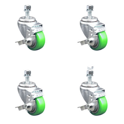 3.5 Inch SS Polyurethane Swivel 12mm Threaded Stem Caster Set Brake SCC