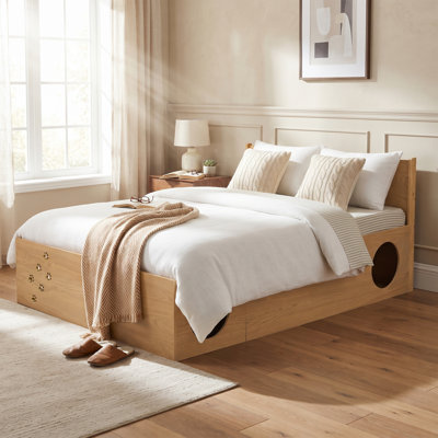 Lit plateforme en bois Queen avec tête de lit amovible, labyrinthe pour animaux de compagnie sous le lit et espace privé, pied de lit décoratif, lattes détachables - CHÊNE NATUREL CLAIR