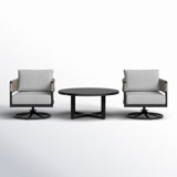 Scotia 3 Piece Patio Outdoor Swivel Seating Set In Black Aluminum With Grey Rope And Cushions