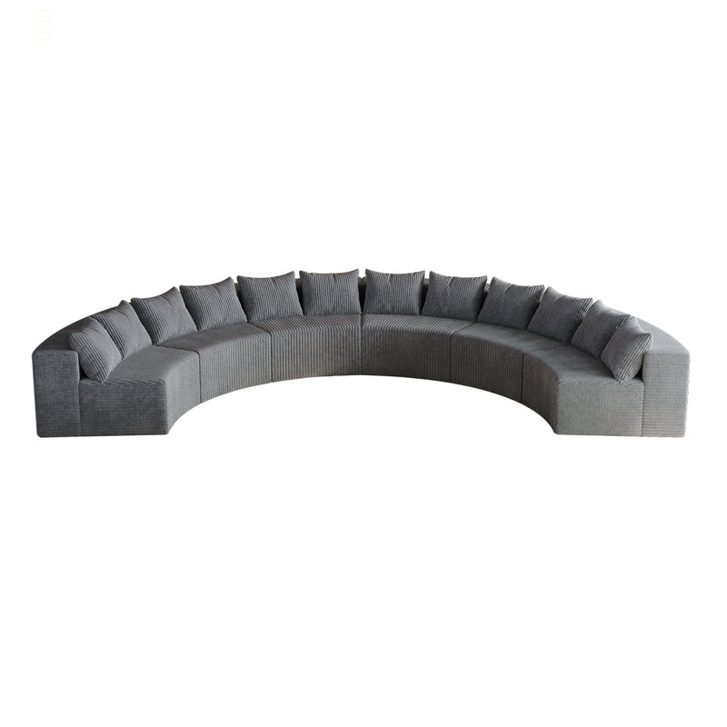 Canapé modulaire incurvé en mousse avec 12 coussins Corduroy, Velours côtelé gris