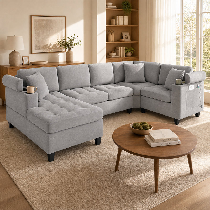 Canapé modulaire en forme de U pour la famille avec méridienne, ports de chargement USB et rangement caché, Light Gray