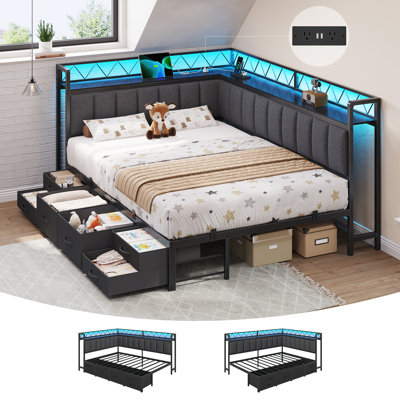 Base de lit d'angle pleine grandeur avec 6 tiroirs de rangement et étagère, lit de jour en forme de L avec tête de lit bibliothèque, lit double avec lumière DEL et station de charge, clôture en tissu, gris
