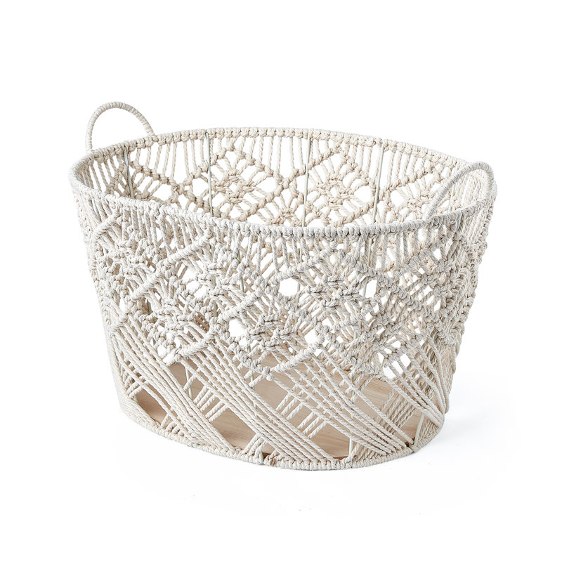 Ensemble de trois bacs de rangement ovales en corde de coton Macrame avec poignées d'oreille et base en bois