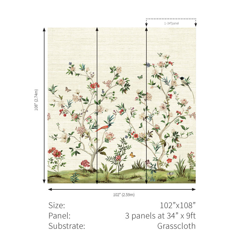 Grass Cloth Floral Wall Mural, Almond