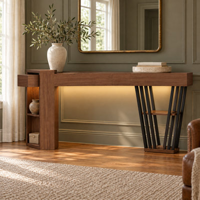 Console 70,9 po en noyer extra long avec éclairage DEL, entrée étroite et table de canapé
