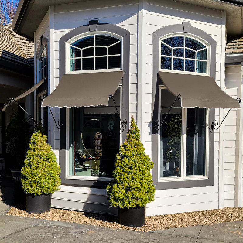 Awntech Charleston Acrylic Fabric Awning with Iron Scroll Arms, Taupe, 24" H x 100.5" W x 36" D
