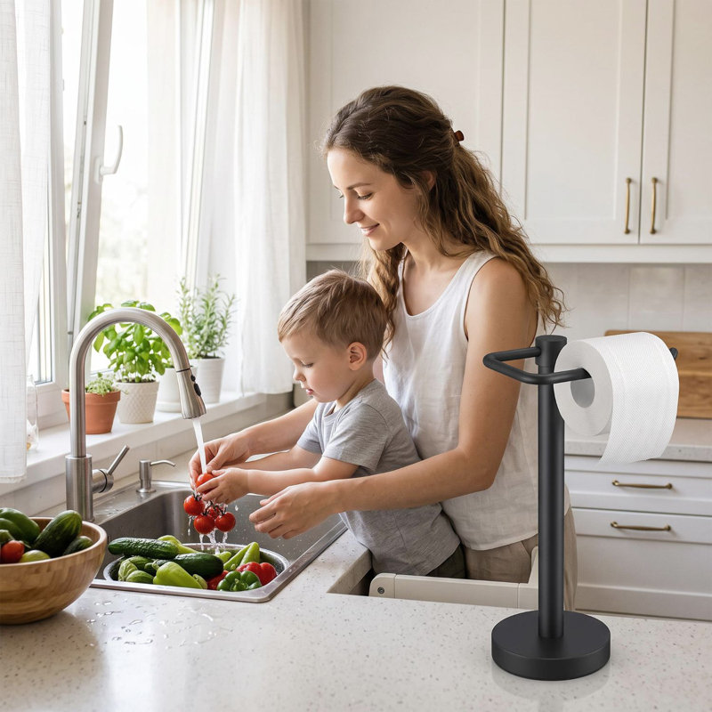 Porte-serviettes autoportant en acier inoxydable avec base stable et anneau ouvert, noir mat, pour salle de bain et cuisine