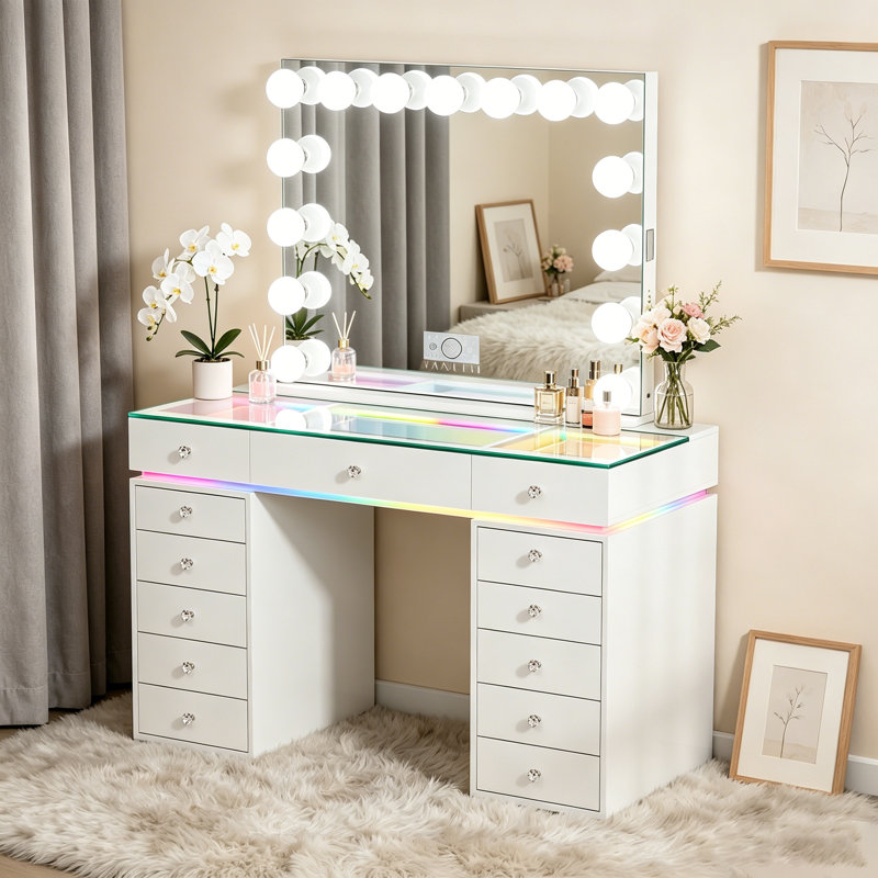 Ensemble de meuble-lavabo avec miroir lumineux et plateau en verre HD avec 13 bandes de lumière DEL intégrées