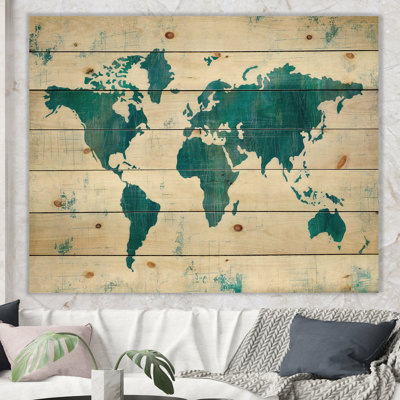 Discover the World Map in Blue - Traditional Print on Natural Pine Wood