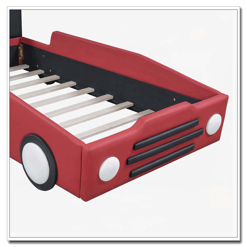 PU Leather Car-Shaped Platform Bed with Wheels,, Red