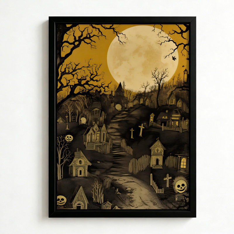 Village hanté d'Halloween sous la pleine lune, tableau sur toile encadré, cadre marron, 61 x 91 cm, 24x36, Brown