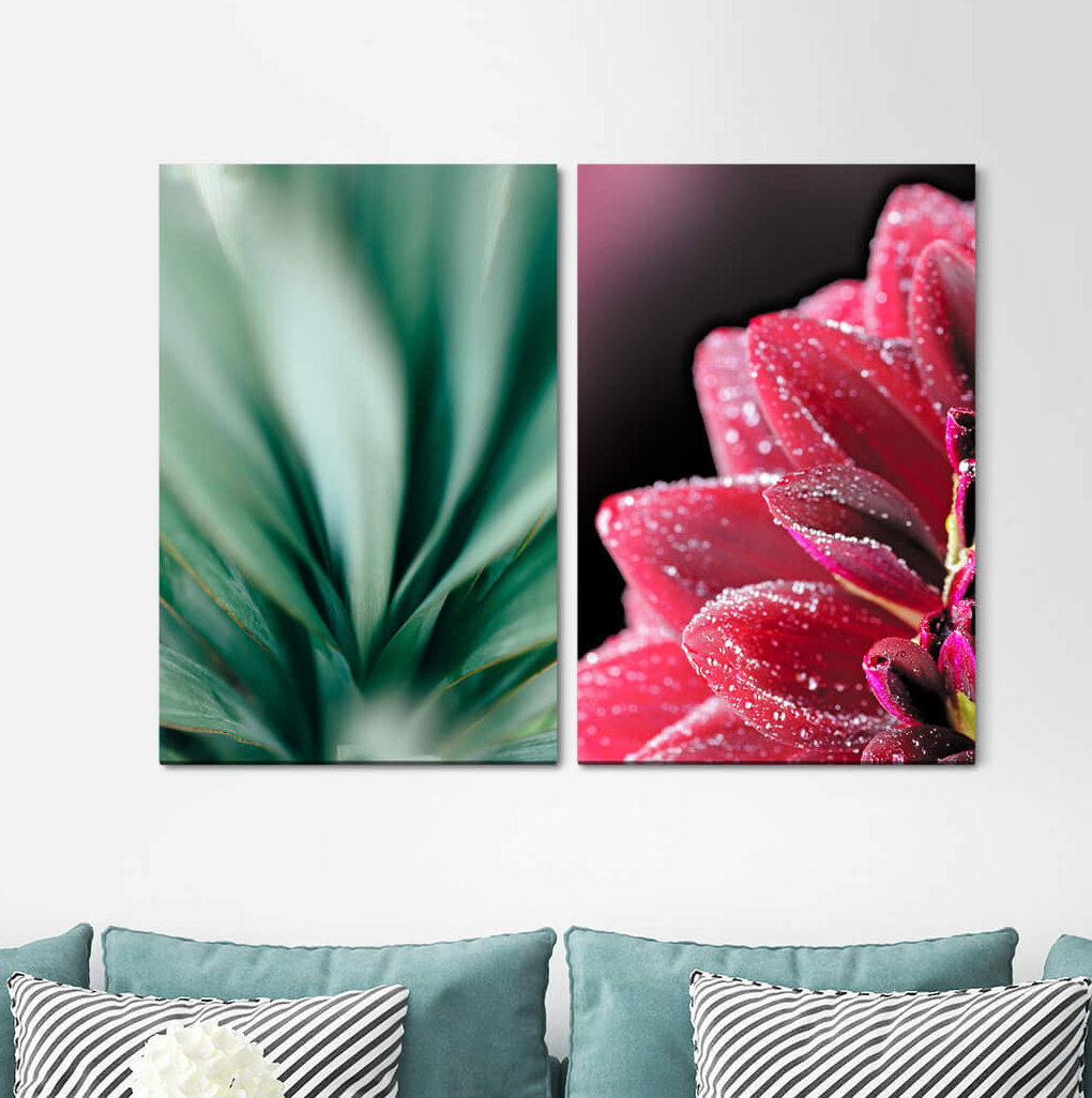 2-tlg. Leinwandbilder-Set - Grafikdruck „Zinnias Red Flower Green Plant Meditation Harmony”