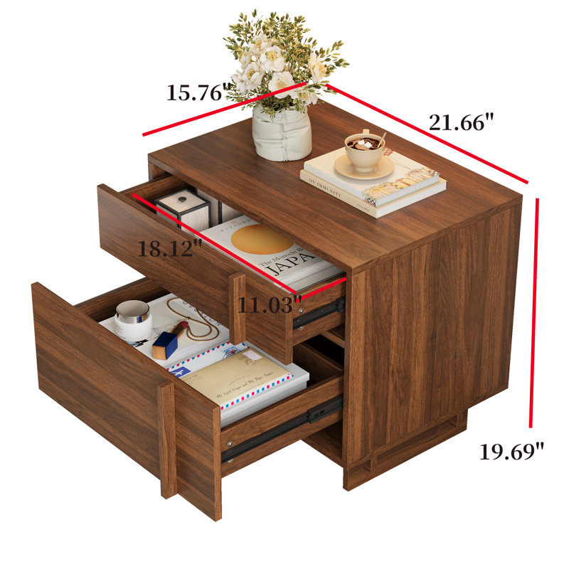 Mid-Century Modern 2-Drawer End Table, Walnut Finish, Vertical Handle Design, Storage Nightstand for Living Room & Bedroom