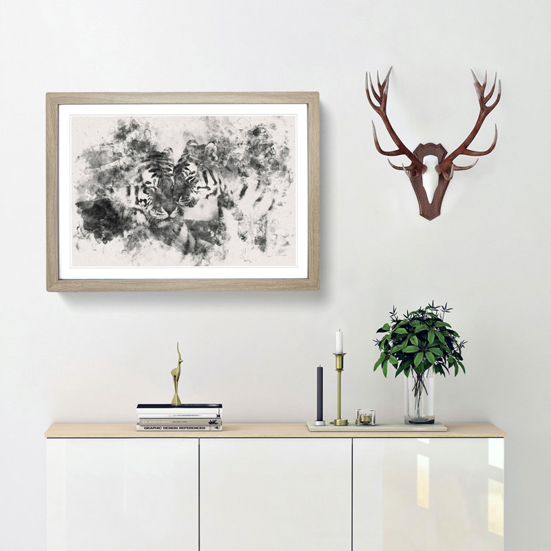 Two Snuggling Tigers - Single Picture Frame Print on MDF, Oak, 33cm H x 45cm W x 2cm D