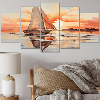 Bateau à voile pêche dans le coucher de soleil - salon d'art mural de transport - 5 panneaux