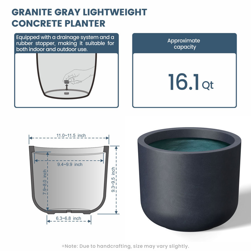 13,5 po Pot à fleurs moyen rond en béton avec trous de drainage, Gris granit (intérieur de qualité supérieure)