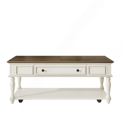 Farmhouse Coffee Table with Drawer & Lockable Wheels, Rectangular Cocktail Table with Solid Wood Legs, Grey & White
