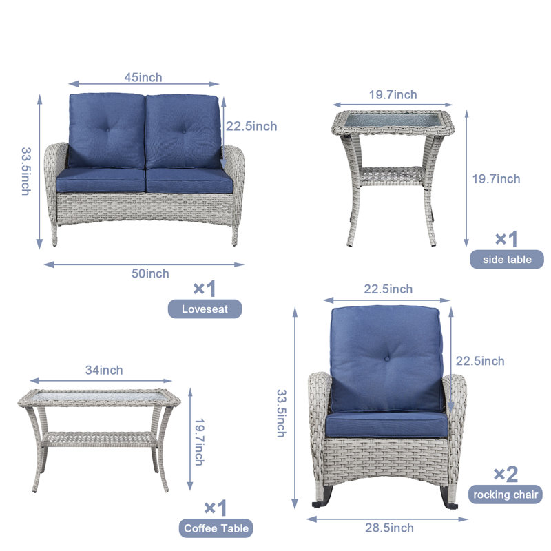 Ensemble de conversation avec canapé en rotin et coussins 5 pièces Aluel, Cadre gris clair / coussin bleu