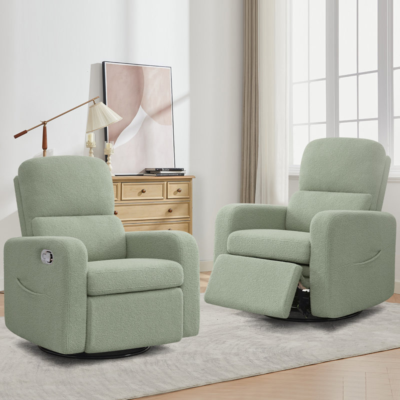 Reiby Silina Teedy Swivel Rocking Recliner for Nursery with Pocket,Large Footrest  (Set of 2), Teddy Green